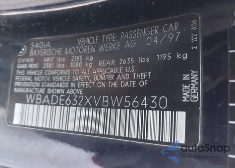 1997 BMW 540Ia z USA, uszkodzony, nr VIN WBADE632XVBW56430